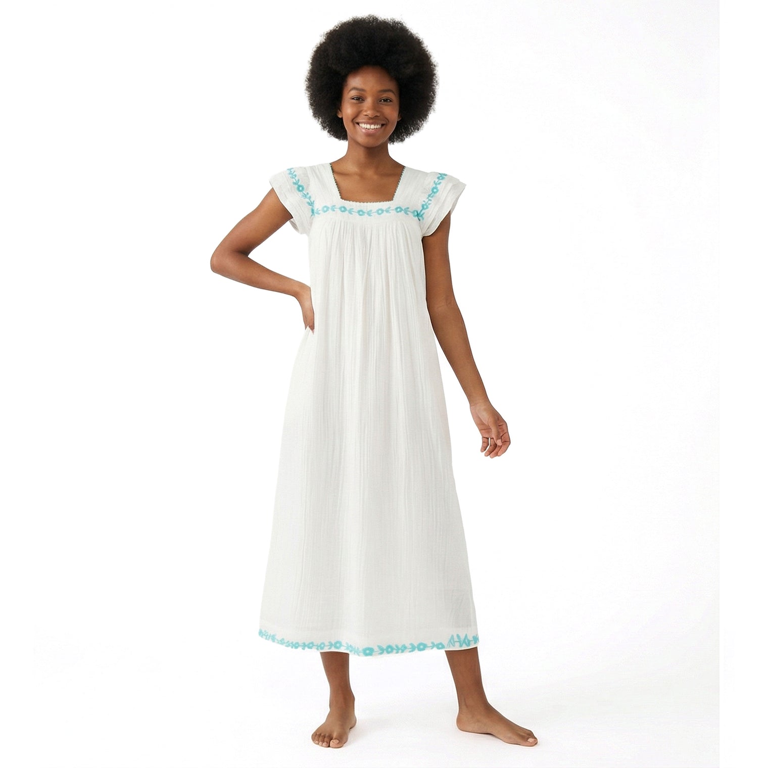 Maxi Sandrine Womens Dress Aqua Floral Embroidery