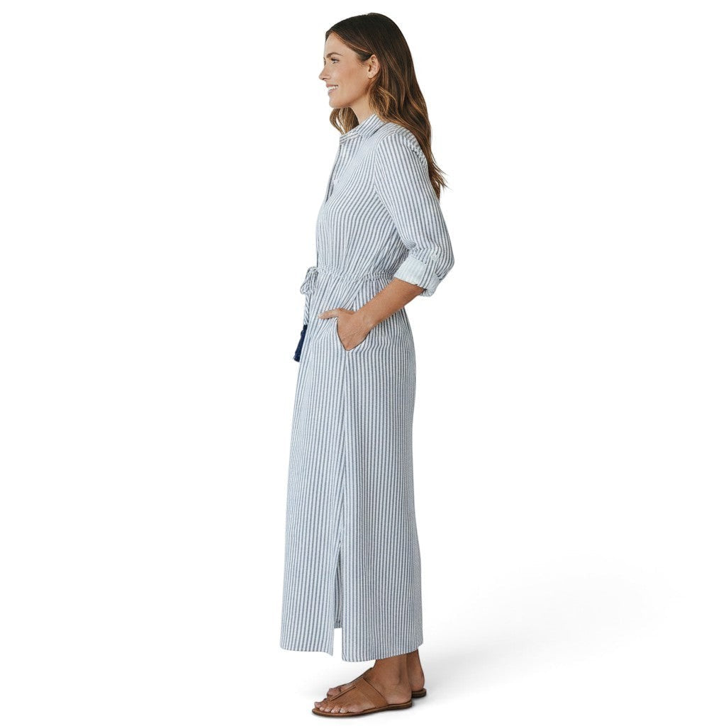 Mer St. Barth Anais button front shirtdress in marine stripe with side pockets and a relaxed feminine fit