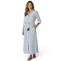 Mer St. Barth Anais button-front shirtdress in marine blue and white stripes with a drawstring waist and side slits.