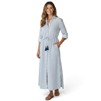 Mer St. Barth Anais button-front shirtdress in marine blue and white stripes with a drawstring waist and side slits.