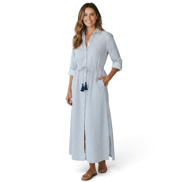 Mer St. Barth Anais button-front shirtdress in marine blue and white stripes with a drawstring waist and side slits.