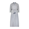 Mer St. Barth Anais button front shirtdress in marine blue and white vertical stripes with a tassel waist tie.