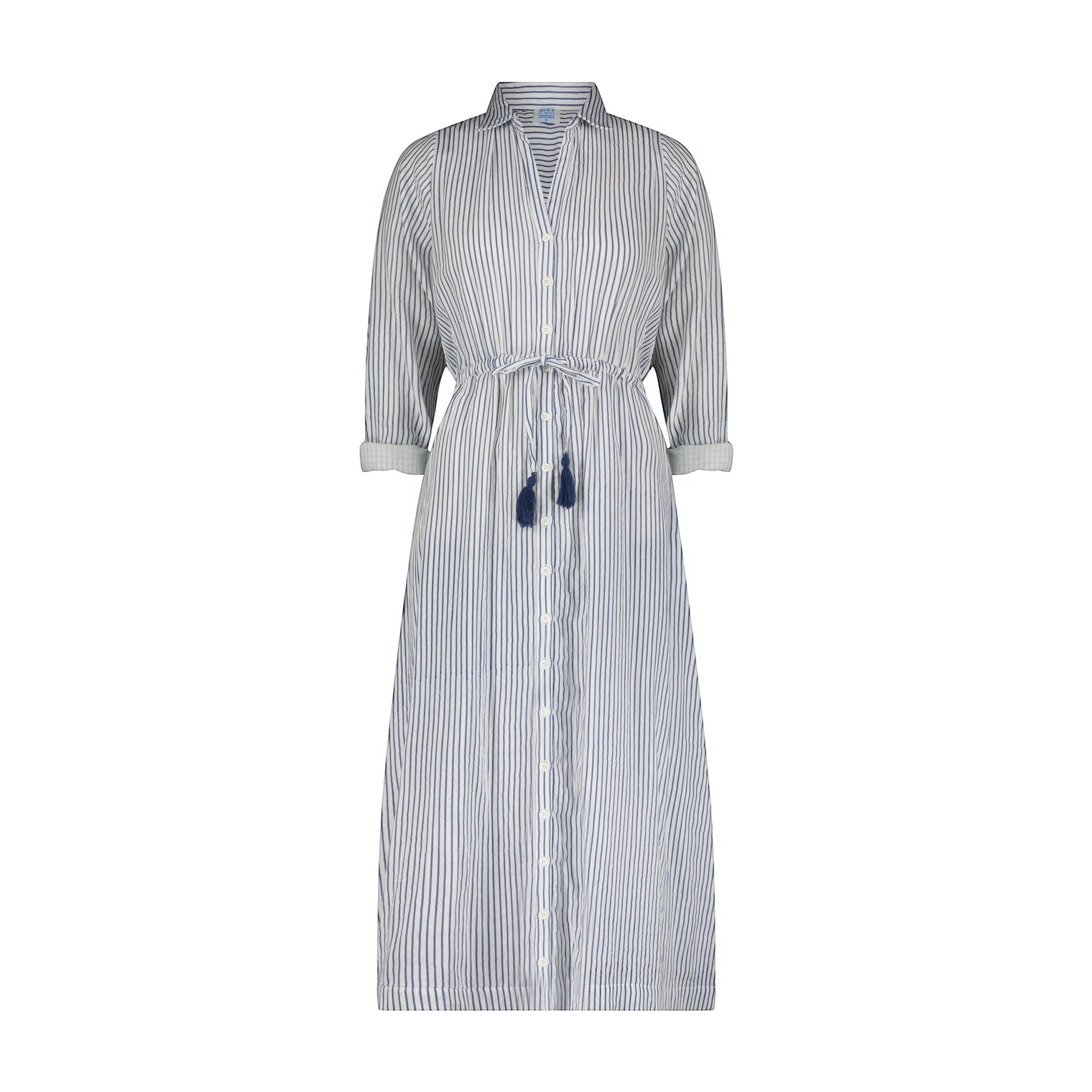 Mer St. Barth Anais button front shirtdress in marine blue and white vertical stripes with a tassel waist tie.