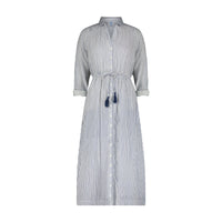 Mer St. Barth Anais button front shirtdress in marine blue and white vertical stripes with a tassel waist tie.