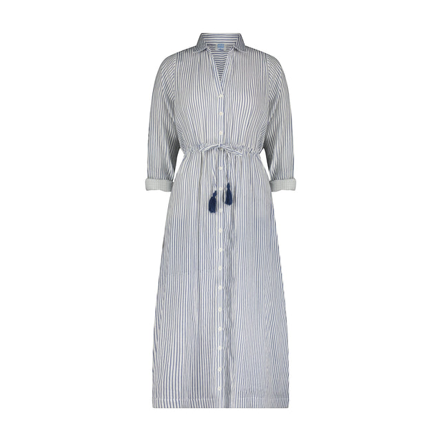 Mer St. Barth Anais button front shirtdress in marine blue and white vertical stripes with a tassel waist tie.