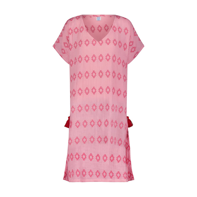Mer St. Barth Capucine women's pink maxi caftan dress with geometric rose embroidery and side tassel details.