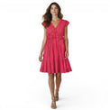 Coralie Women's Mini Dress in Fuchsia Lurex by Mer St. Barth. Features ruffled neckline, cinched waist, and tiered skirt with gold stripes.