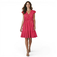 Coralie Women's Mini Dress in Fuchsia Lurex by Mer St. Barth. Features ruffled neckline, cinched waist, and tiered skirt with gold stripes.