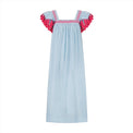 Mer St. Barth Maxi Sandrine sky blue resort dress with pink embroidery and ruffled sleeve trim