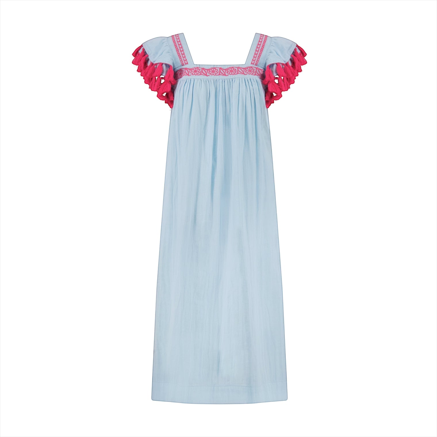 Mer St. Barth Maxi Sandrine sky blue resort dress with pink embroidery and ruffled sleeve trim