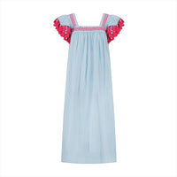 Mer St. Barth Maxi Sandrine sky blue resort dress with pink embroidery and ruffled sleeve trim