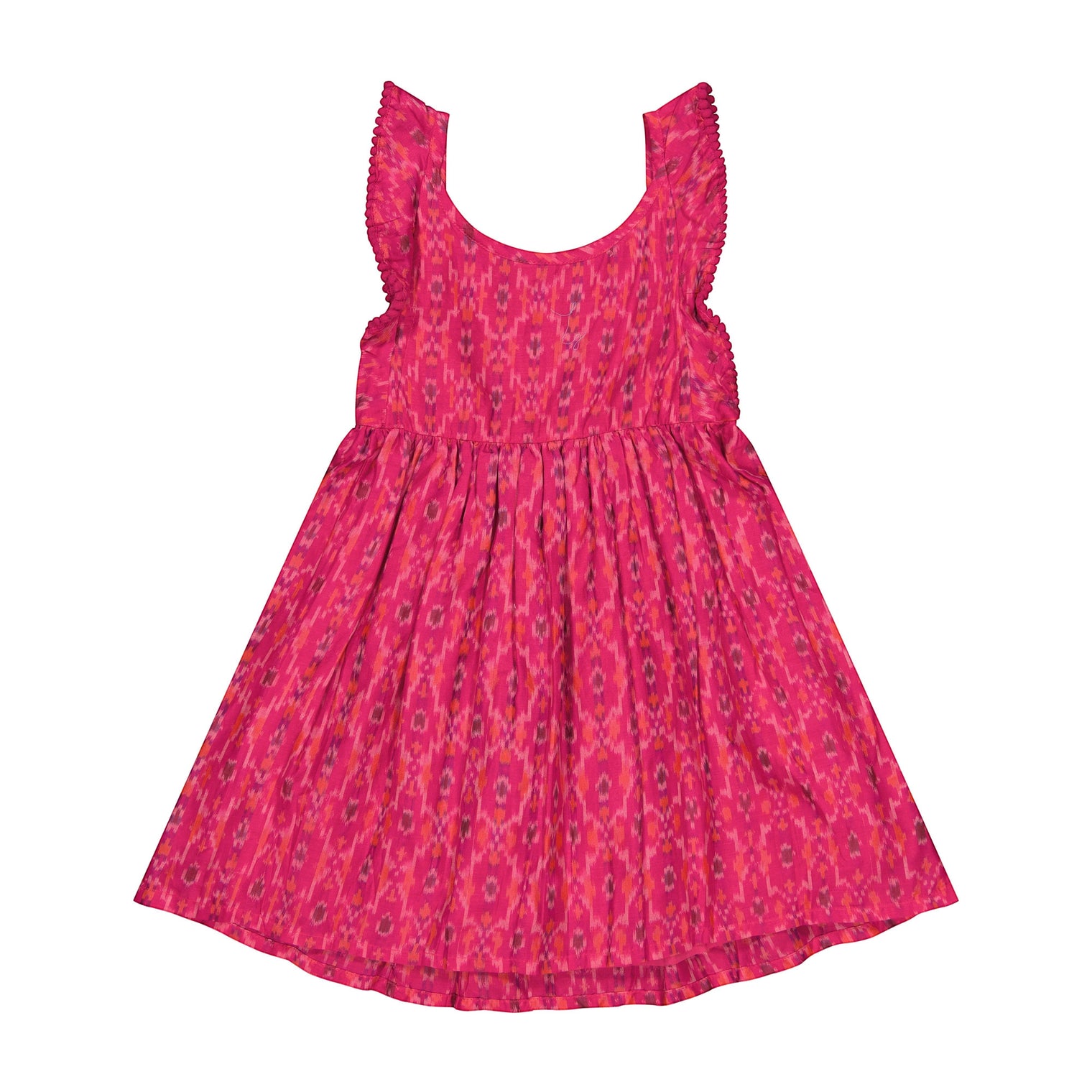 Mer St. Barth Daphne girls flutter sleeve dress in a vibrant pink rosette ikat print with a relaxed, breezy fit.