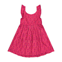 Mer St. Barth Daphne girls flutter sleeve dress in a vibrant pink rosette ikat print with a relaxed, breezy fit.