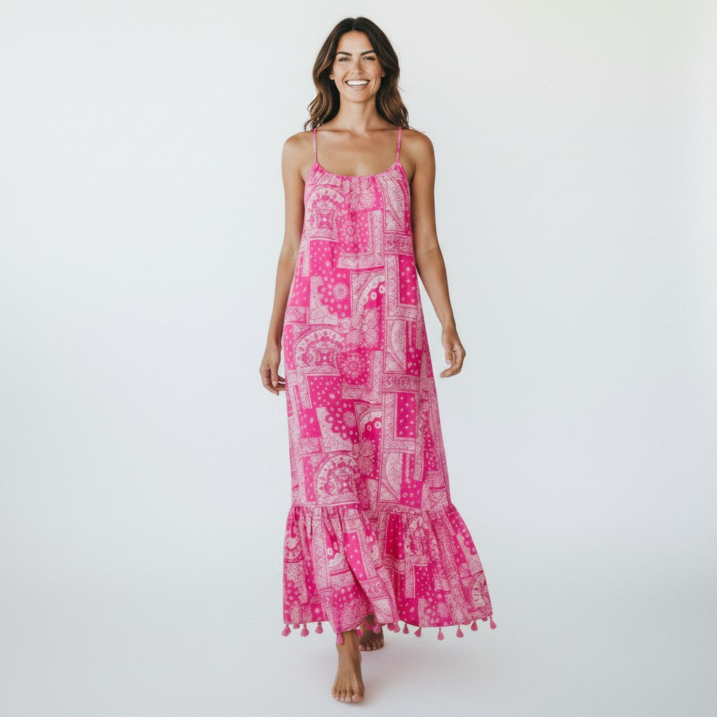 Mer St. Barth Chantal women's pink patchwork bandana print sundress with spaghetti straps and tassel hem detail.