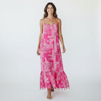 Mer St. Barth Chantal women's pink patchwork bandana print sundress with spaghetti straps and tassel hem detail.