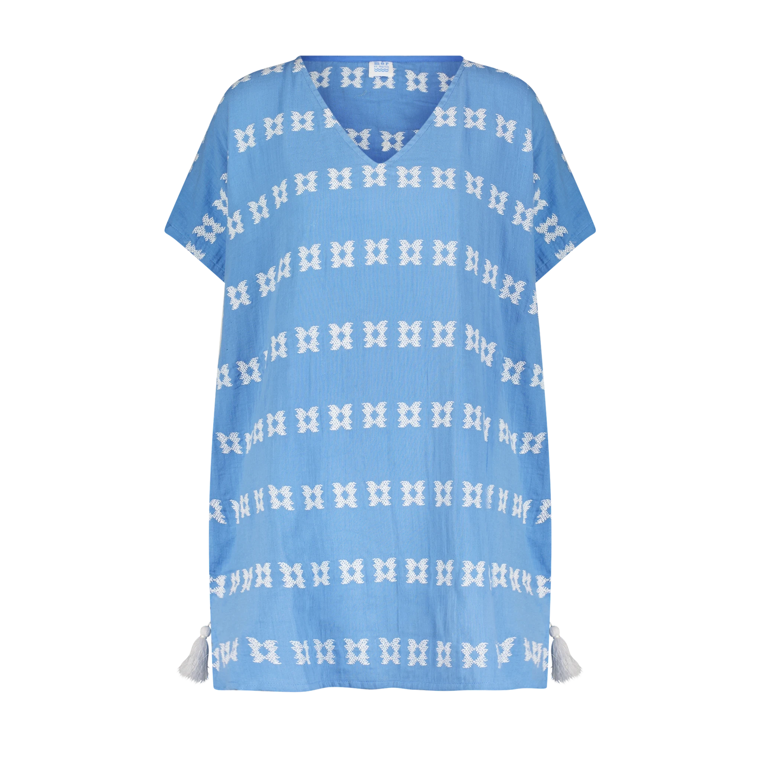 Mer St. Barth Capucine mini caftan in sky blue with white embroidery and tassel details