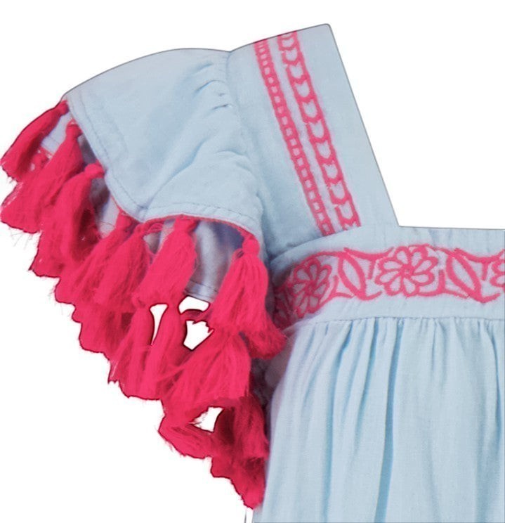 Mer St. Barth Maxi Sandrine dress in sky blue with vibrant pink floral embroidery and tassel sleeve trim