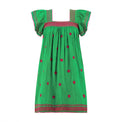Mer St. Barth emerald green cotton mini dress with pink floral embroidery, square neckline, and flutter sleeves.
