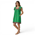 Mer St. Barth green cotton mini dress with square neckline, ruffled sleeves, and pink floral embroidery.