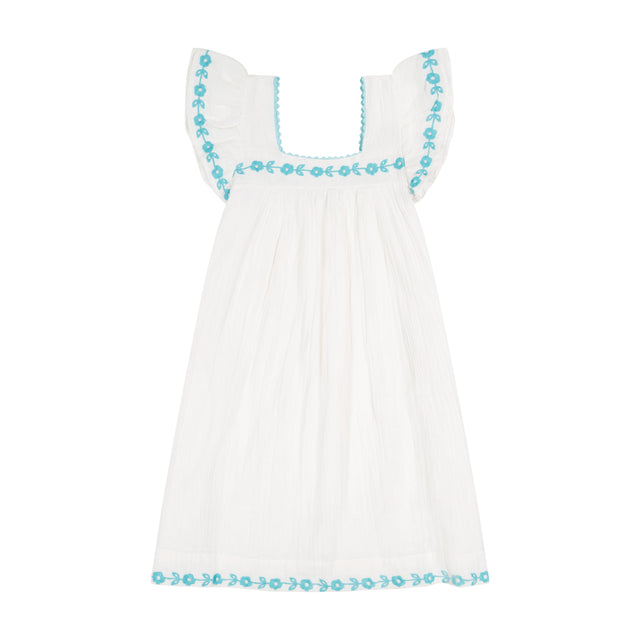 Mer St Barth Mini Sandrine Women's Dress Aqua Floral Embroidery