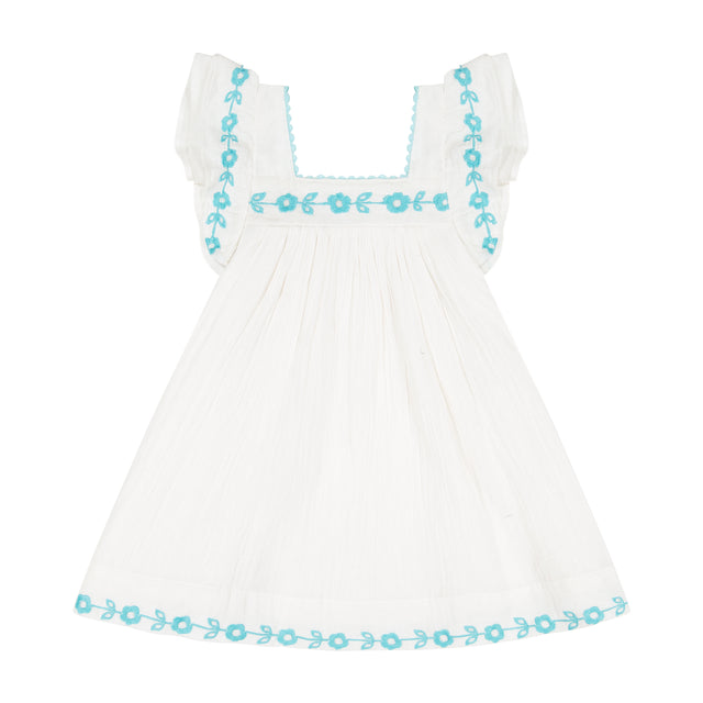 Mer St Barth Serena Girls' Tassel Dress Aqua Floral Embroidery