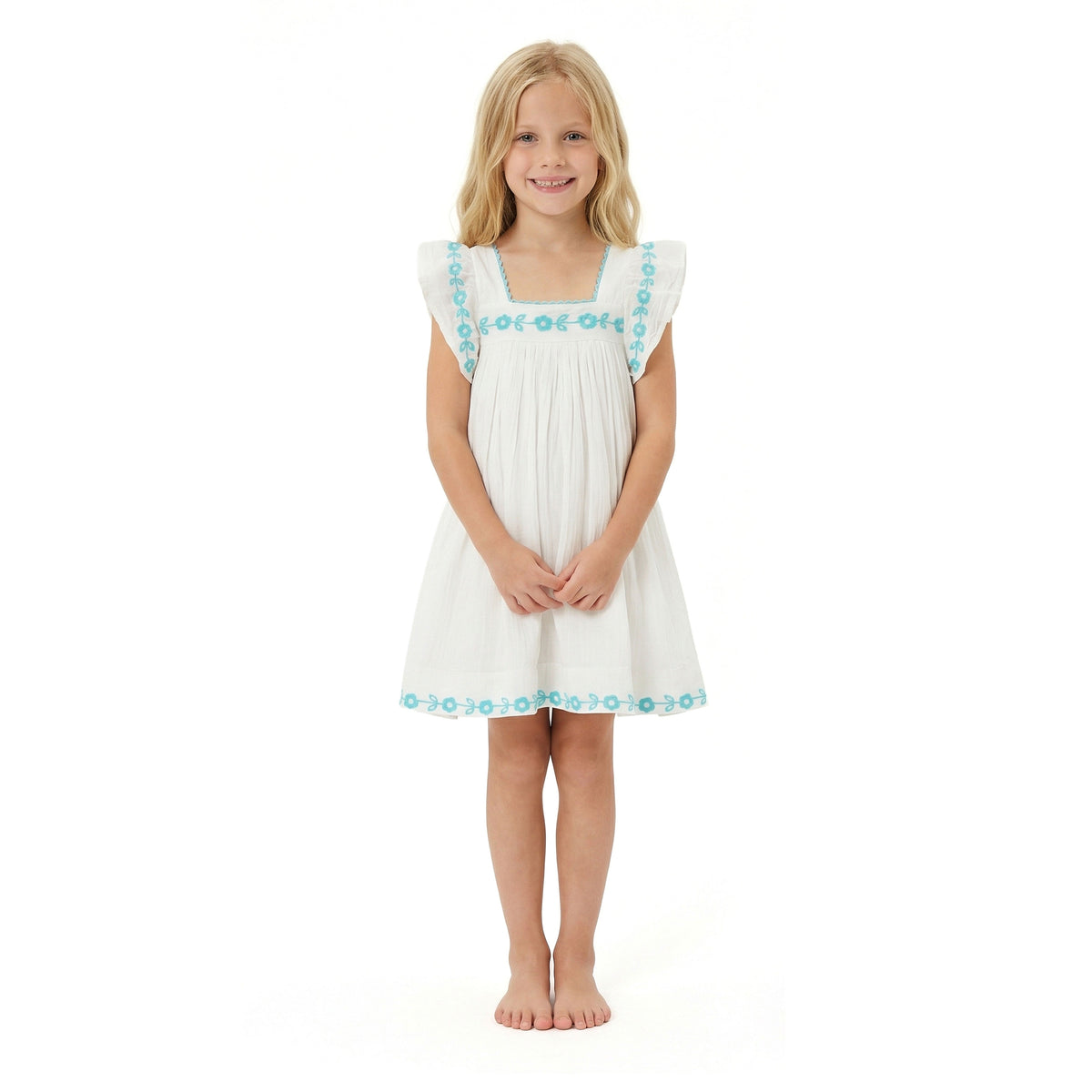 Mer St Barth Serena Girls' Tassel Dress Aqua Floral Embroidery