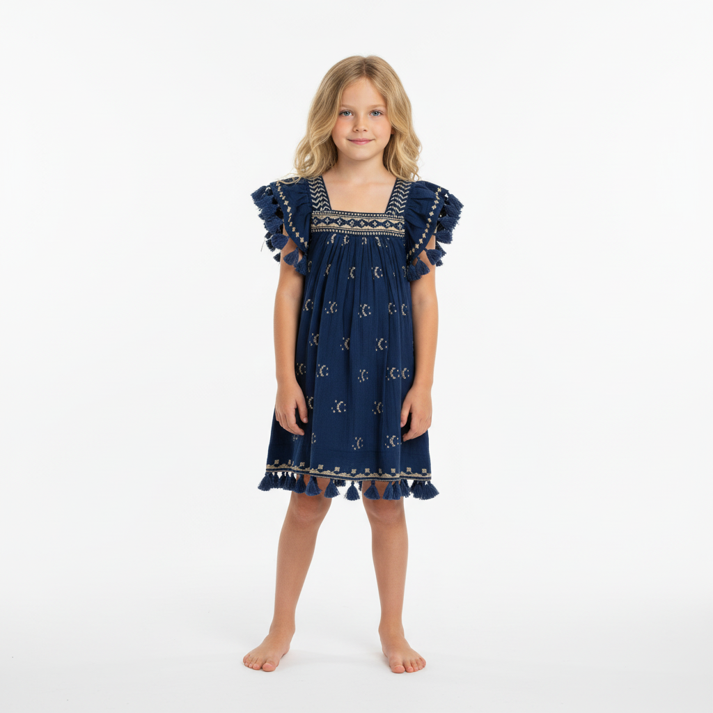 Mer St Barth Serena Girls' Tassel Dress Galaxy Embroidery