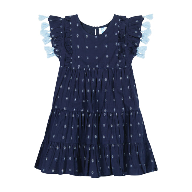 Mer St Barth Sophie Girls' Tassel Dress Navy Turquoise Swiss Dot