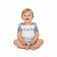 Mer St Barth Zoe Baby Romper White Blue Embroidery