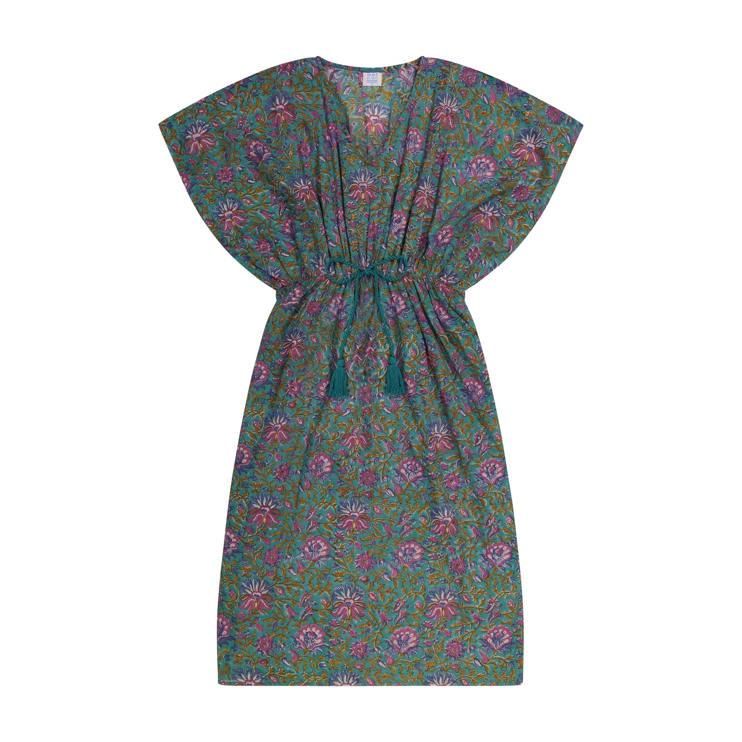 Delphine Women's Kaftan Emerald Lotus Block Print- final sale