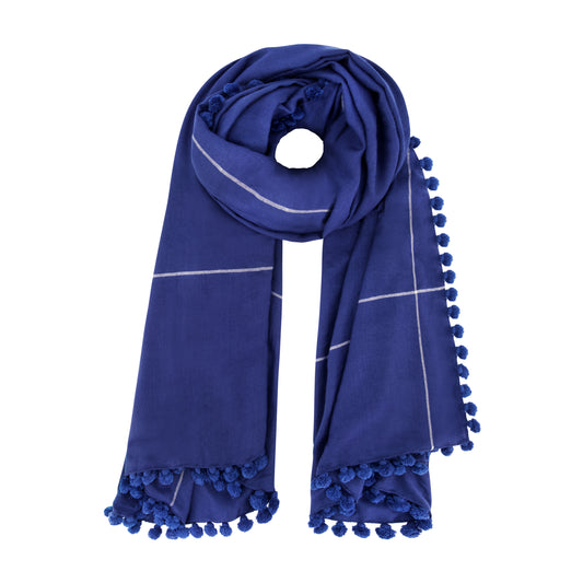 Double-Faced Pashmina Shawl Pompom Indigo By Yaser Shaw