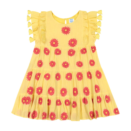 Sophie Girl's Tassel Dress Yellow Coral Floral Embroidery