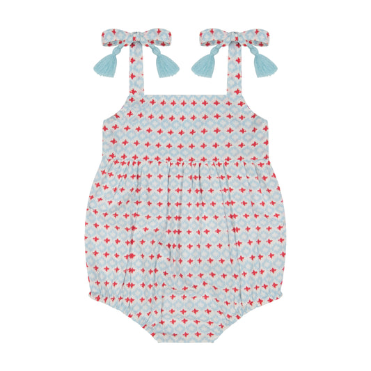 Zoe Shoulder Tie Baby Romper Aqua Red Ikat- final sale
