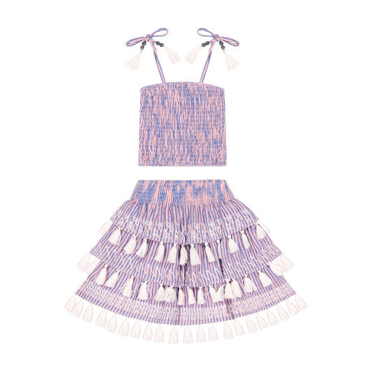 Louisa Girl's Smocked Top And Skirt Set Pink Blue Stripe