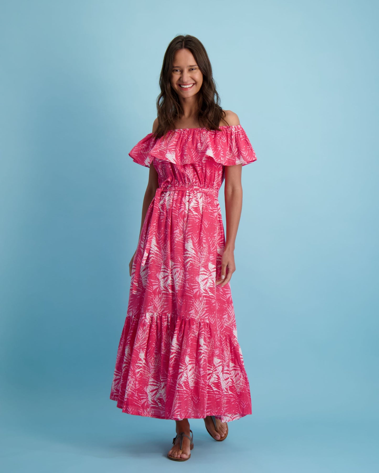 Benoite Women's Off-The-Shoulder Maxi Dress Pink Palm- final sale