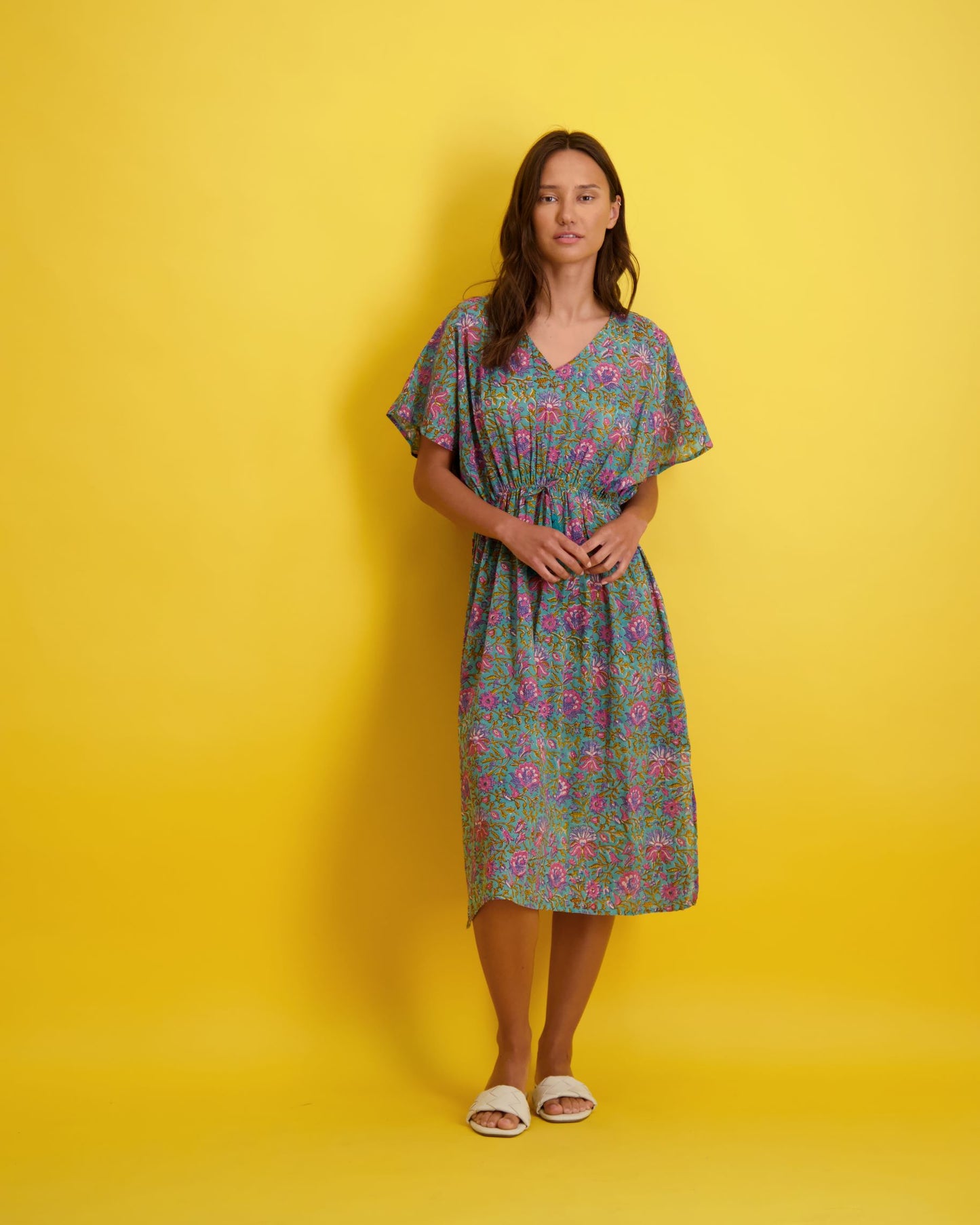 Delphine Women's Kaftan Emerald Lotus Block Print- final sale