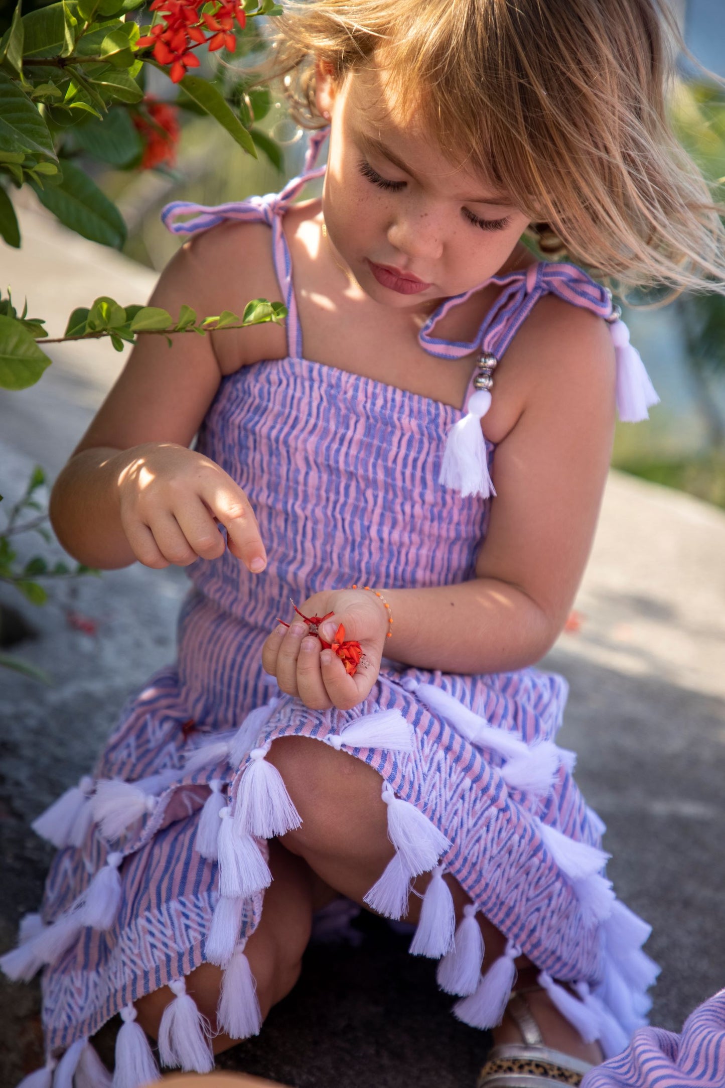 Louisa Girl's Smocked Top And Skirt Set Pink Blue Stripe