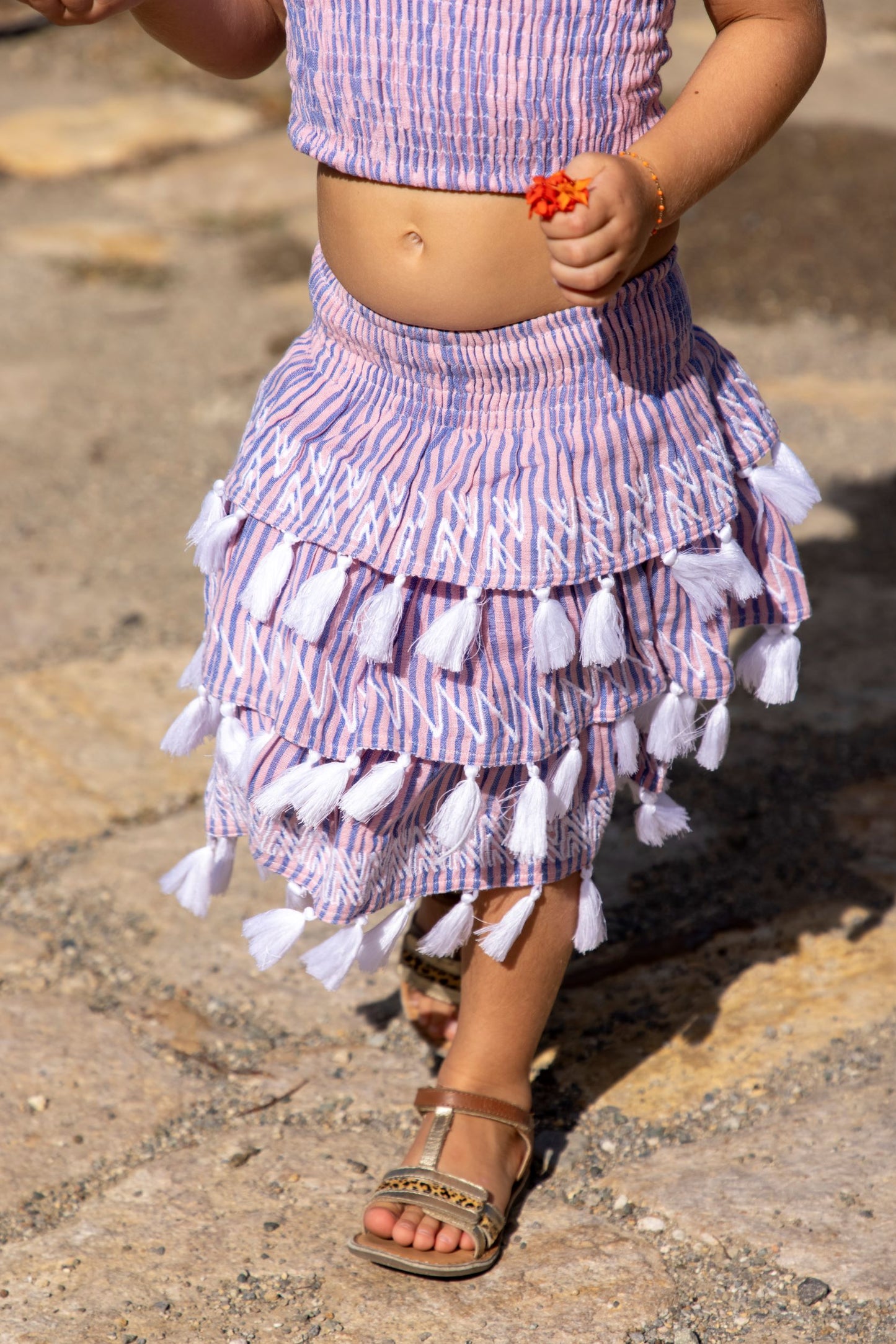 Louisa Girl's Smocked Top And Skirt Set Pink Blue Stripe
