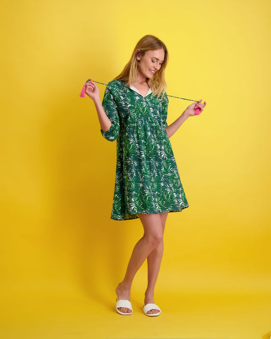 Lea Women's Popover Dress Emerald Palm- final sale