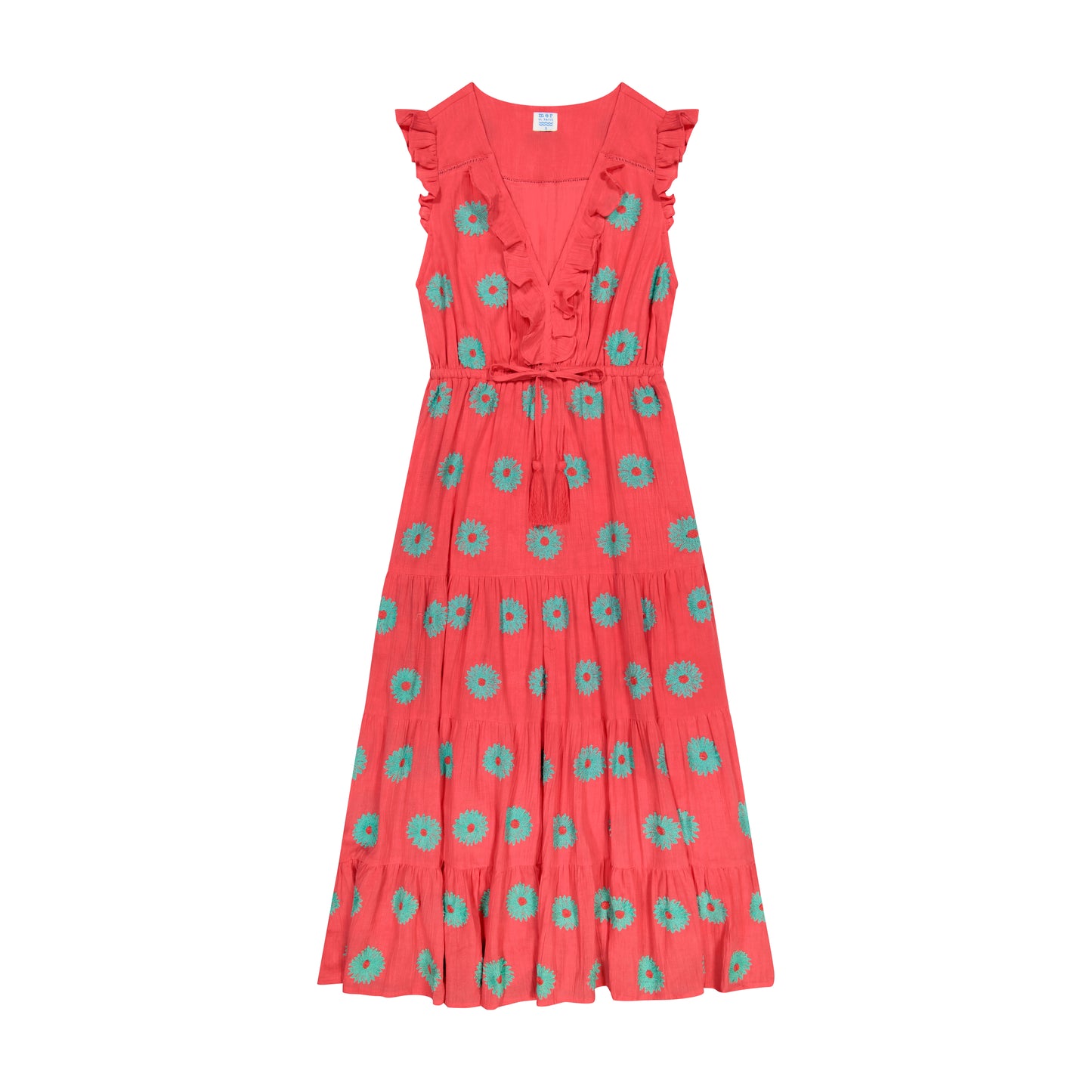 Giselle Women's Maxi Dress Coral Aqua Embroidery- final sale