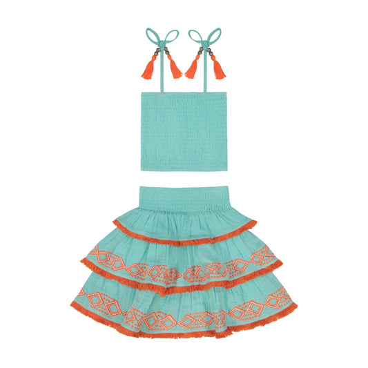 Louisa Girl's Smocked Top And Skirt Set Aqua Seas- fina sale