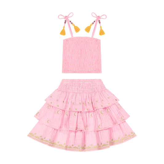 Louisa Girl's Smocked Top And Skirt Set Rose Gold Embroidery