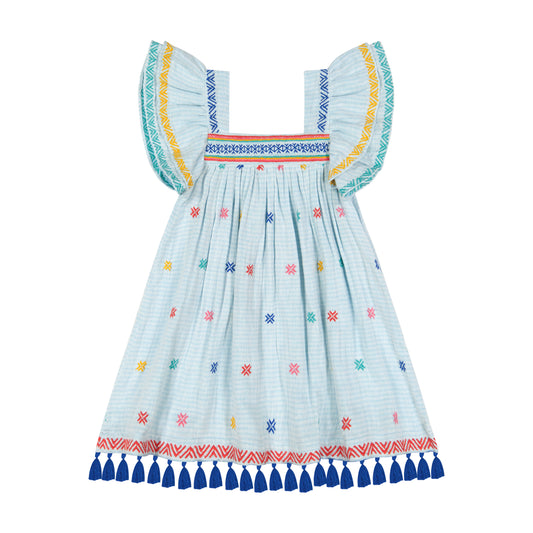 Serena Girl's Tassel Dress Blue Multi Color Stripe