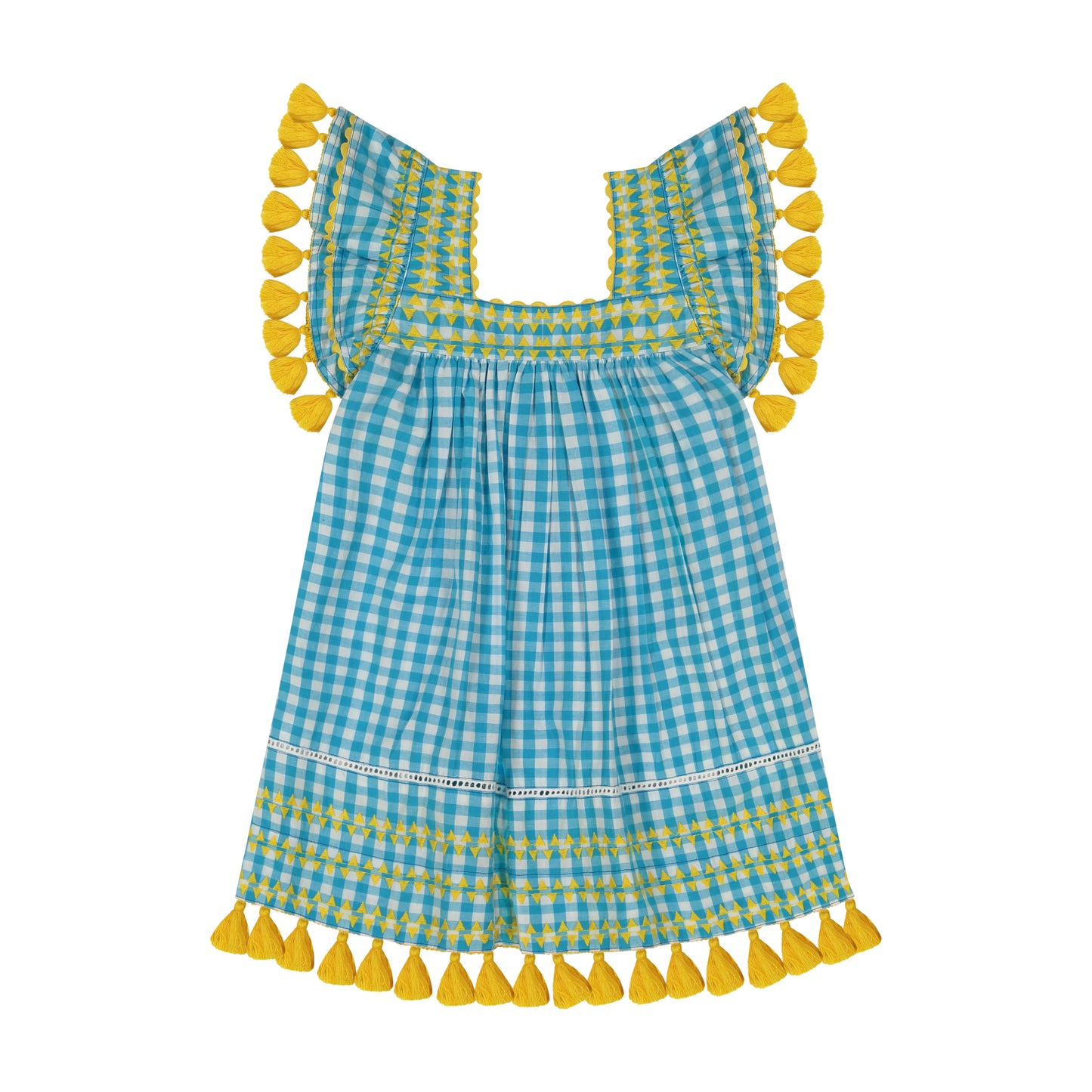 Serena Girl's Tassel Dress Turquoise Check - Final Sale