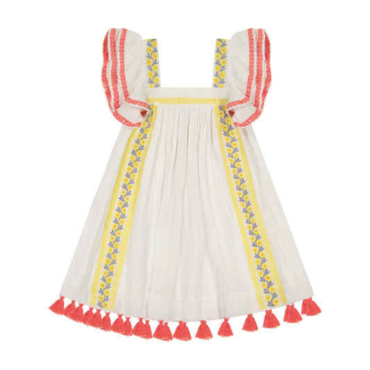 Serena Girl's Tassel Dress White Floral Embroidery