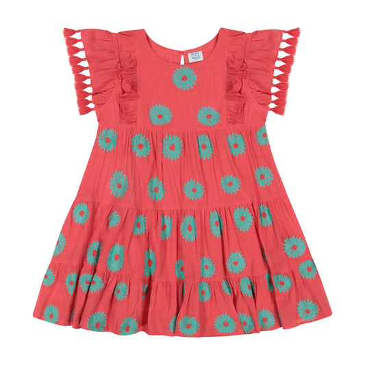 Sophie Girl's Tassel Dress Coral Aqua Floral Embroidery