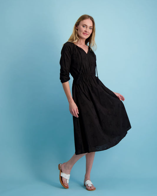 Solange Women's Popover Dress Midi Length Black Eyelet
